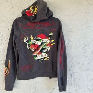 ED HARDY CHRISTIAN AUDIGIER Hoodie Jacket Women Medium Y2K Faux Fur Lined Hood